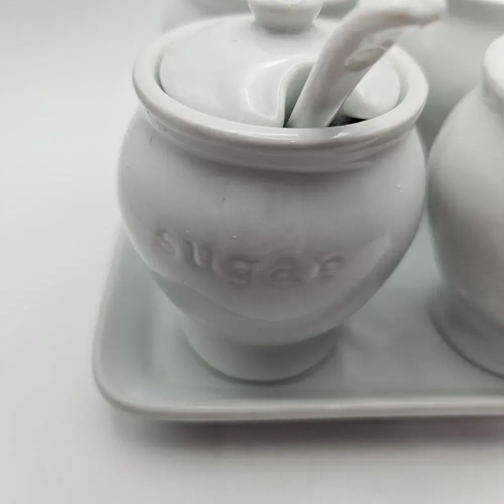 Pottery Barn Great White 5-Piece Condiment Set with Chrome Handle Caddy Read